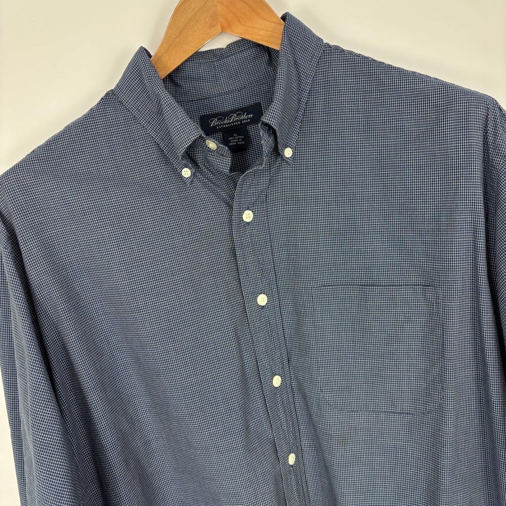VTG Brooks Brothers Micro Check Button Down Shirt Mens XL Navy Blue Hong Kong
